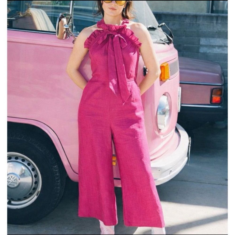 Kristinit Arabesque Linen 
Elegant Halter Jumpsuit in Fuchsia Size S~ NWOT